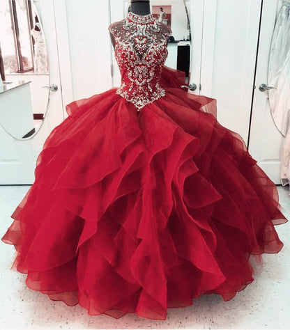 High Neck Crystal Beaded Bodice Corset Organza Layered Quinceanera Dresses Ball Gowns