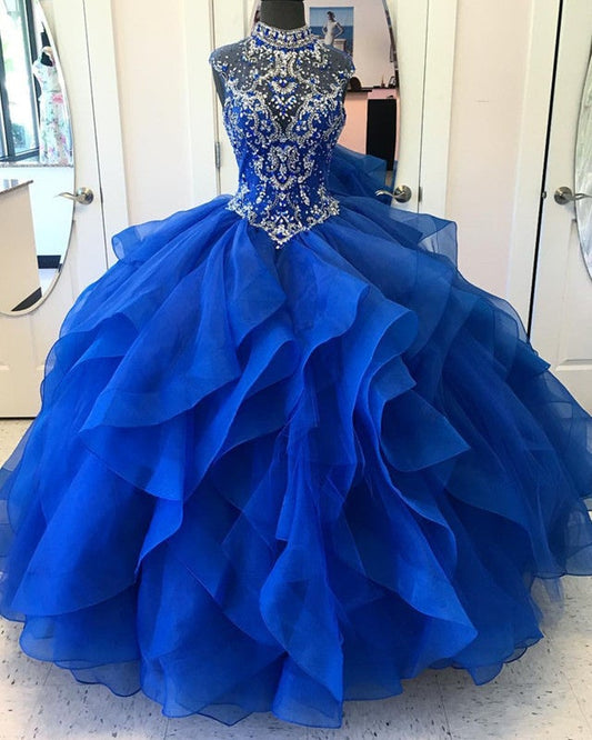 High Neck Crystal Beaded Bodice Corset Organza Layered Quinceanera Dresses Ball Gowns