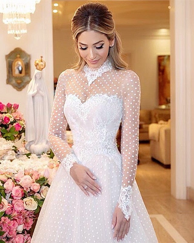 High Neck Long Sleeves Tulle Princess Wedding Dress Lace Edge