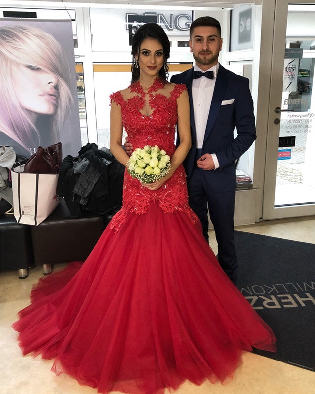 High Neck Mermaid Evening Dress Appliques Prom Gown