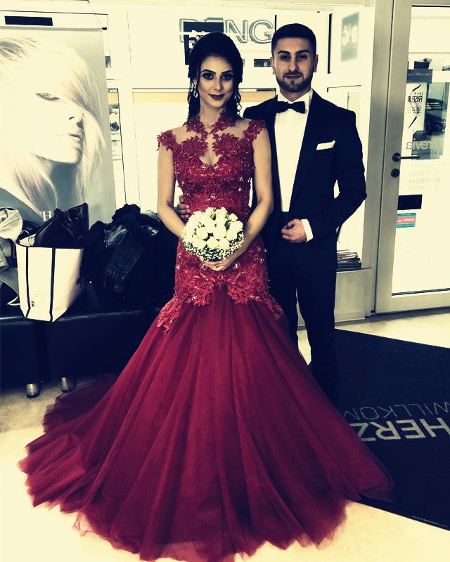 High Neck Mermaid Evening Dress Appliques Prom Gown