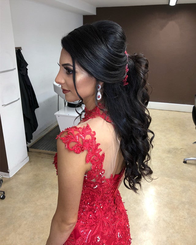 High Neck Mermaid Evening Dress Appliques Prom Gown