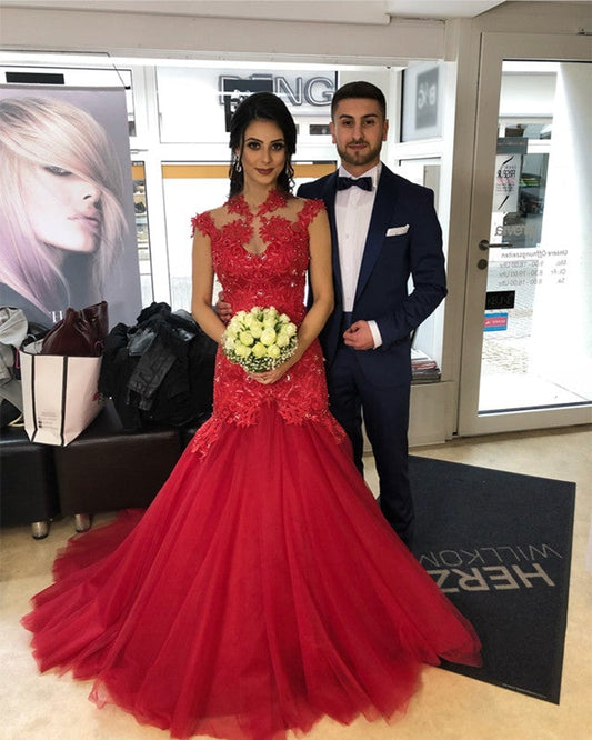 High Neck Mermaid Evening Dress Appliques Prom Gown