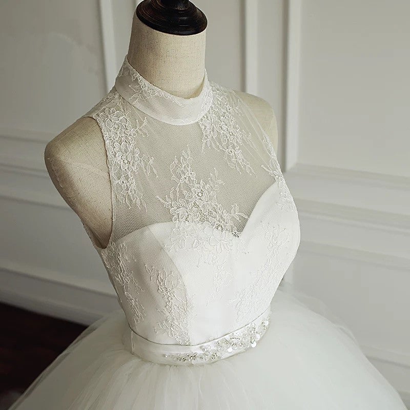 High Neck Open Back Tulle Ball Gown Wedding Dresses