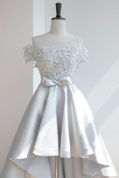 High Low Off Shoulder Gray Lace Prom Dress Short Homecoming Dresses