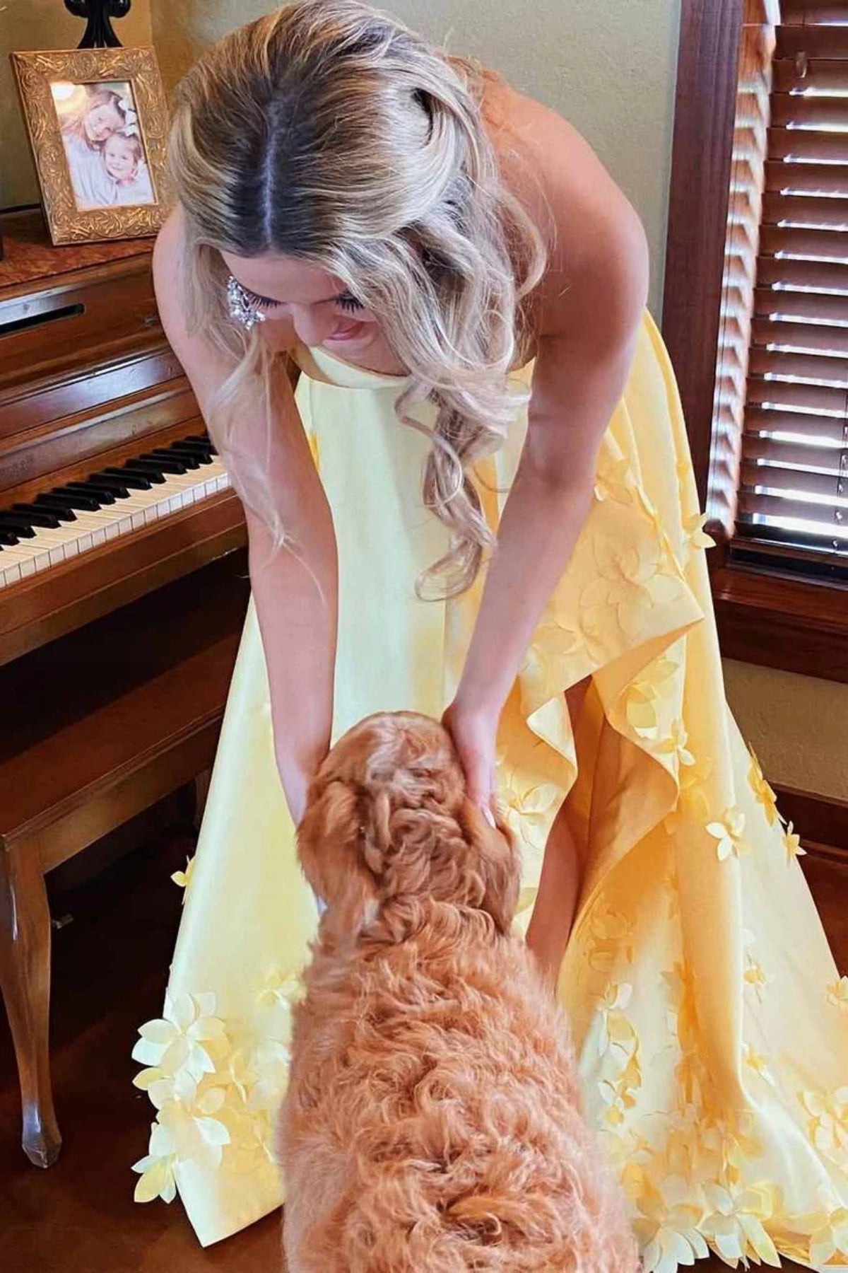 High Low Strapless Yellow Satin Long Prom Dress with 3D Flowers, High Low Yellow Formal Dress, Yellow Evening Dress