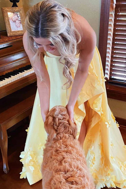 High Low Strapless Yellow Satin Long Prom Dress with 3D Flowers, High Low Yellow Formal Dress, Yellow Evening Dress