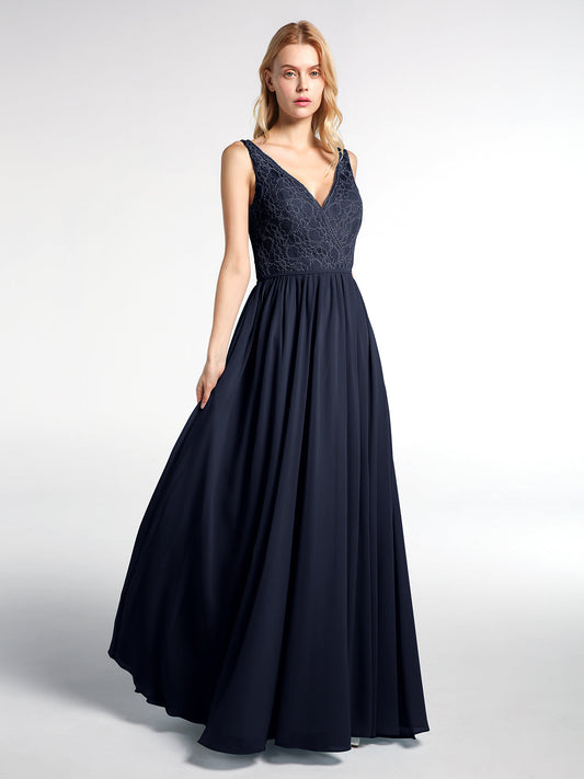 V-neck Lace Top Chiffon Skirt Maxi Dress-Dark Navy
