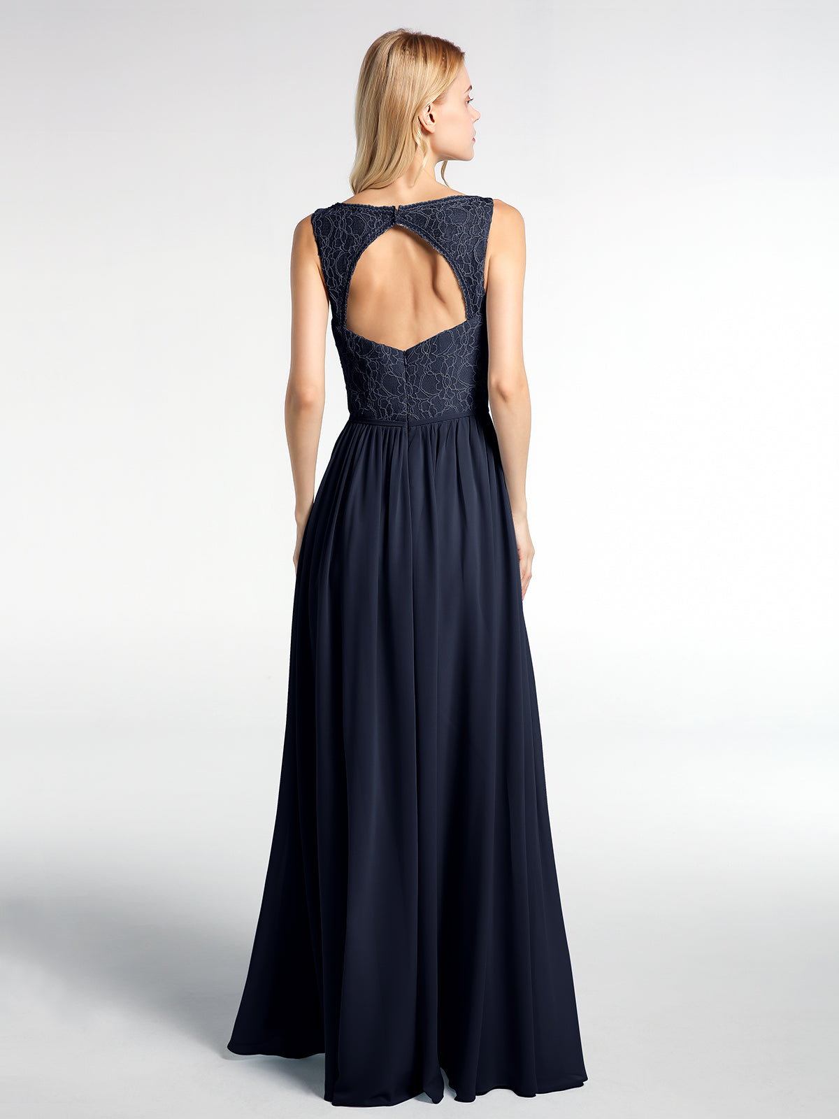 V-neck Lace Top Chiffon Skirt Maxi Dress-Dark Navy