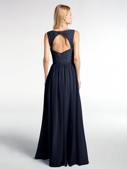 V-neck Lace Top Chiffon Skirt Maxi Dress-Dark Navy