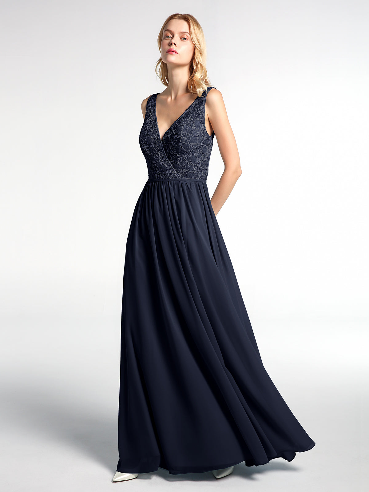 V-neck Lace Top Chiffon Skirt Maxi Dress-Dark Navy