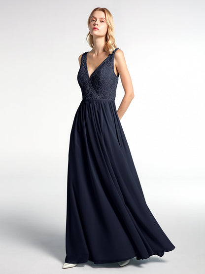 V-neck Lace Top Chiffon Skirt Maxi Dress-Dark Navy
