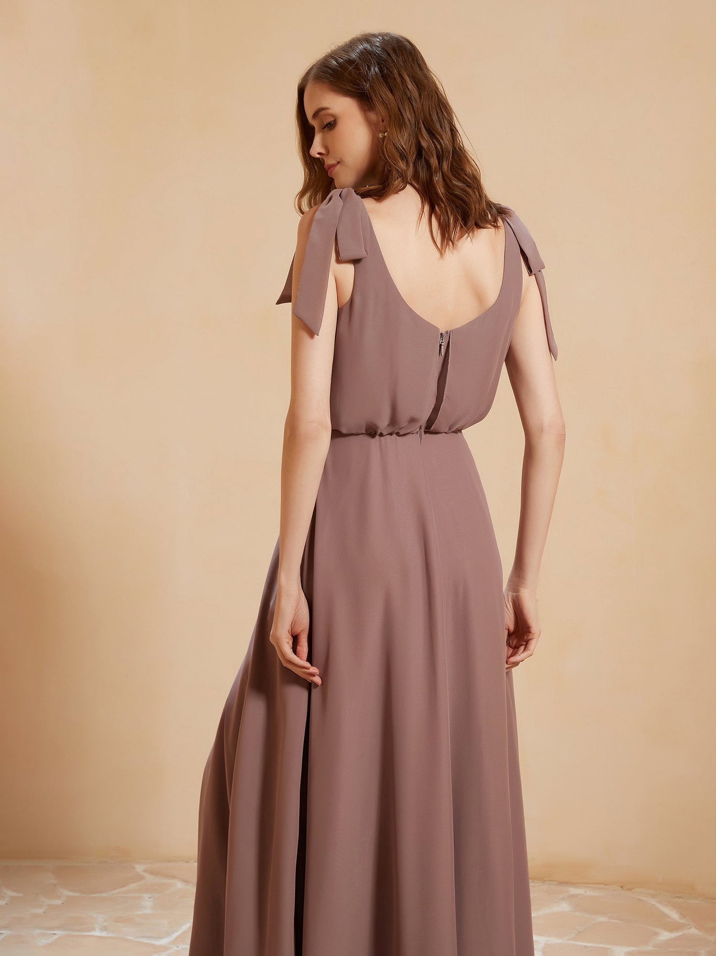 V-neck Floor-length Chiffon Dress With Silt Vintage Mauve