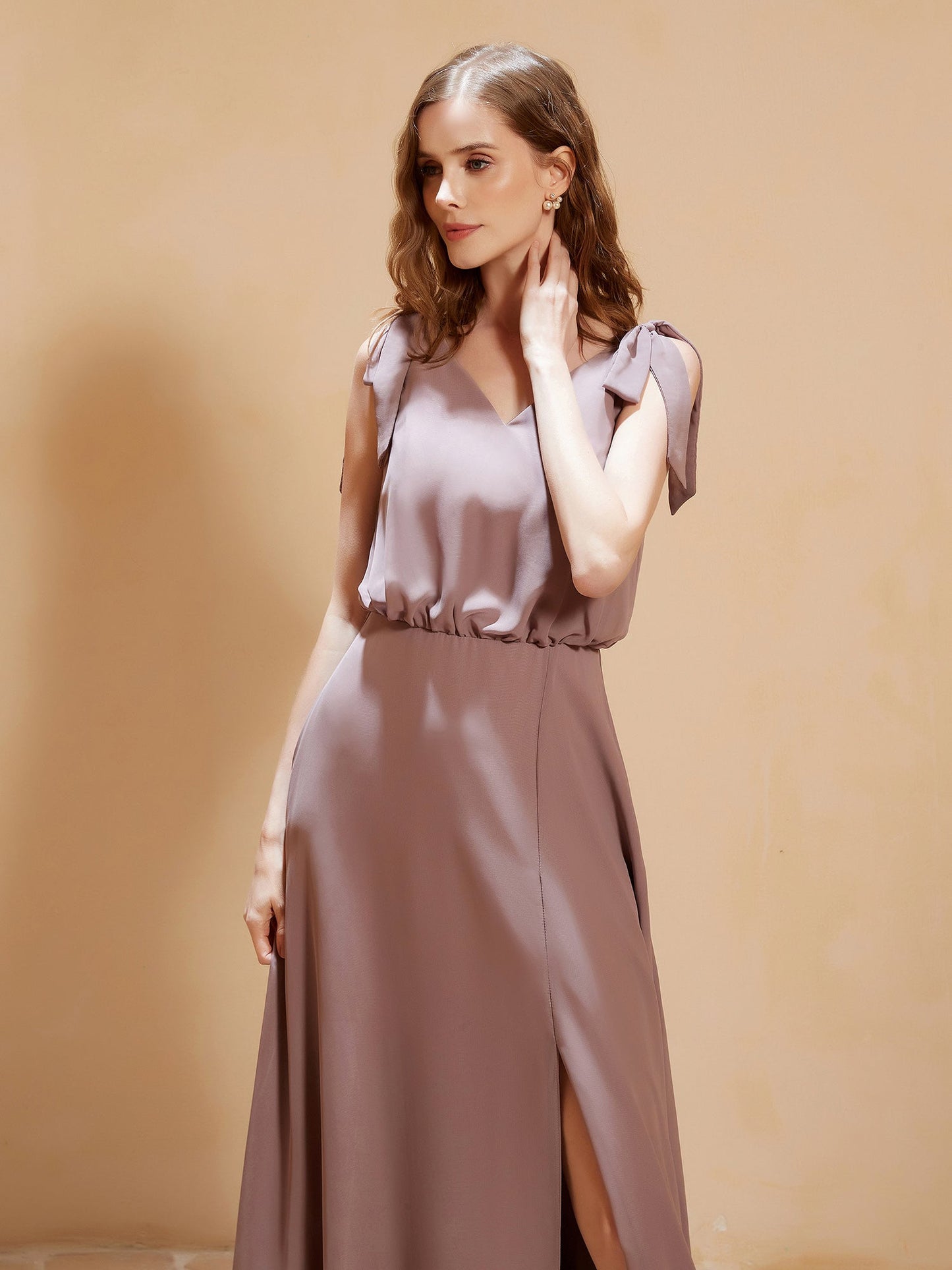 V-neck Floor-length Chiffon Dress With Silt Vintage Mauve