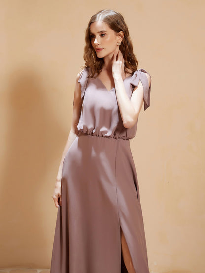 V-neck Floor-length Chiffon Dress With Silt Vintage Mauve