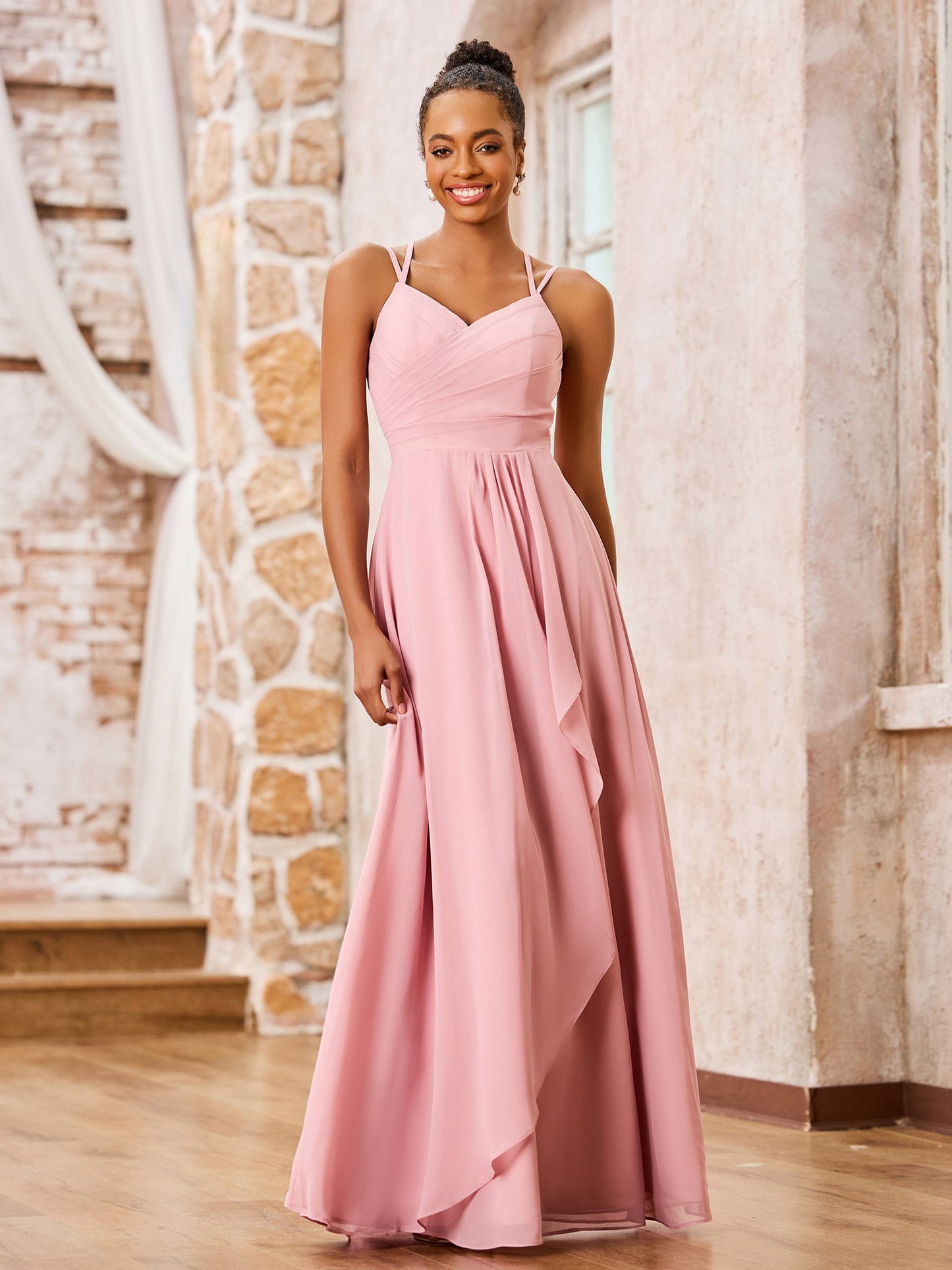 Double Spaghetti Straps Chiffon Bridesmaid Dresses Dusty Rose