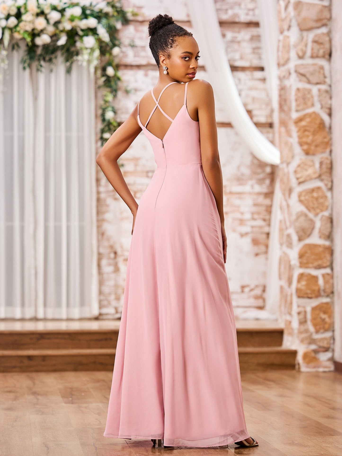 Double Spaghetti Straps Chiffon Bridesmaid Dresses Dusty Rose