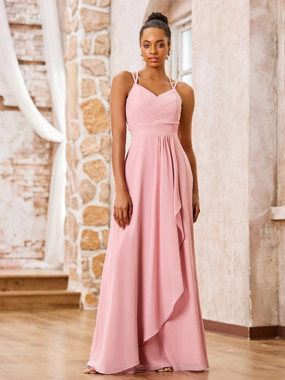 Double Spaghetti Straps Chiffon Bridesmaid Dresses Dusty Rose