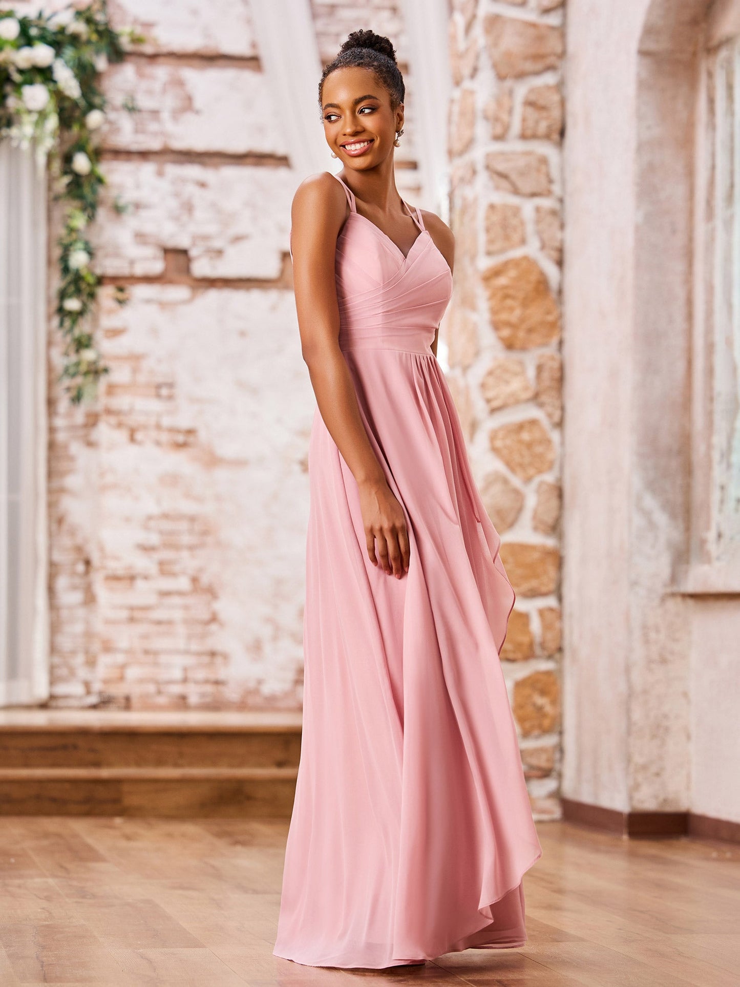 Double Spaghetti Straps Chiffon Bridesmaid Dresses Dusty Rose