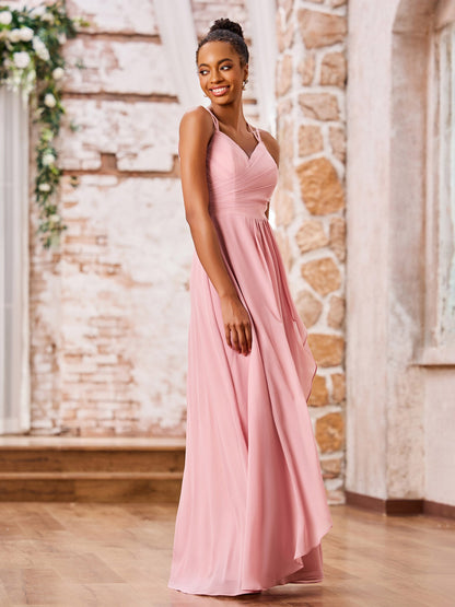 Double Spaghetti Straps Chiffon Bridesmaid Dresses Dusty Rose