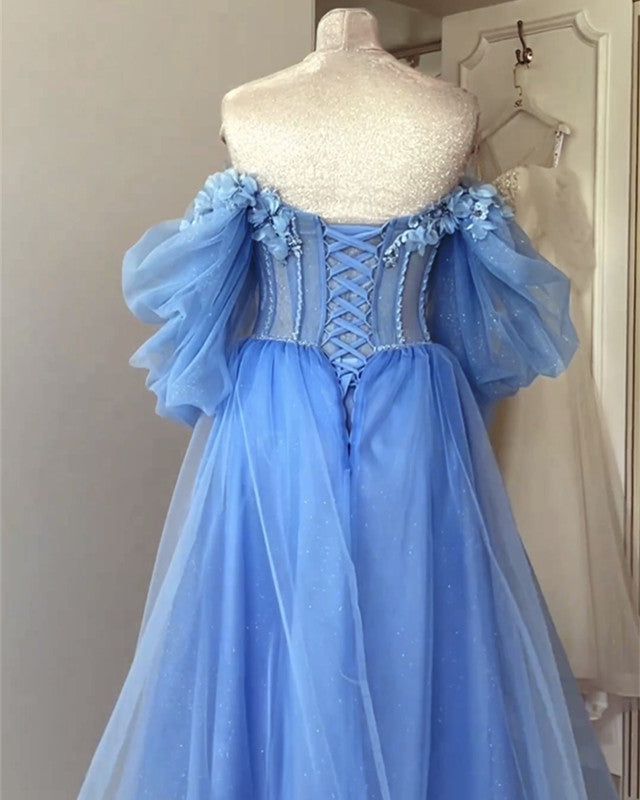 Blue A-line Midi Tulle Corset Dress With Puffy Sleeves