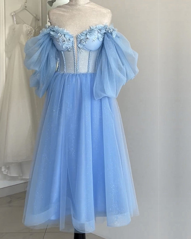 Blue A-line Midi Tulle Corset Dress With Puffy Sleeves