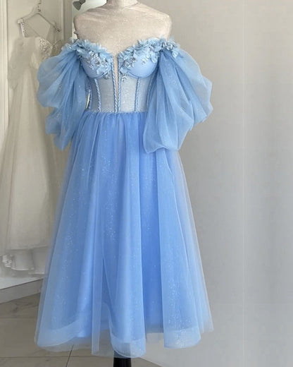 Blue A-line Midi Tulle Corset Dress With Puffy Sleeves