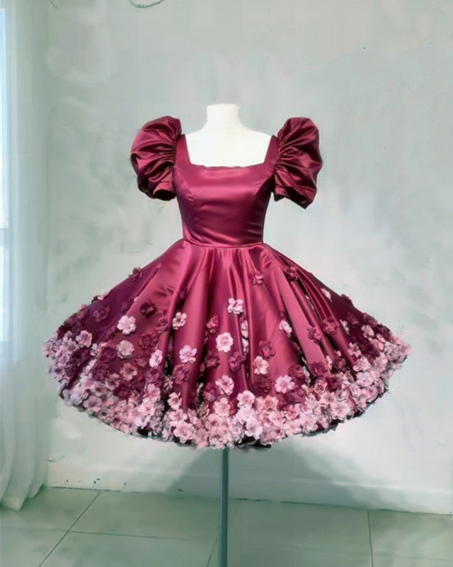 Burgundy Satin Mini Dress With 3D Flowers