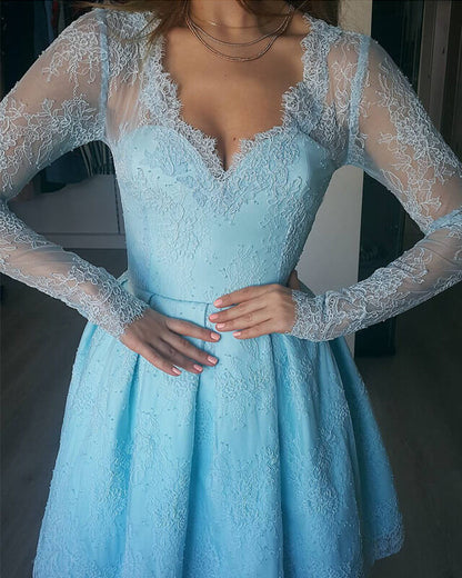 Long Sleeve Lace V-neck Mini Dress