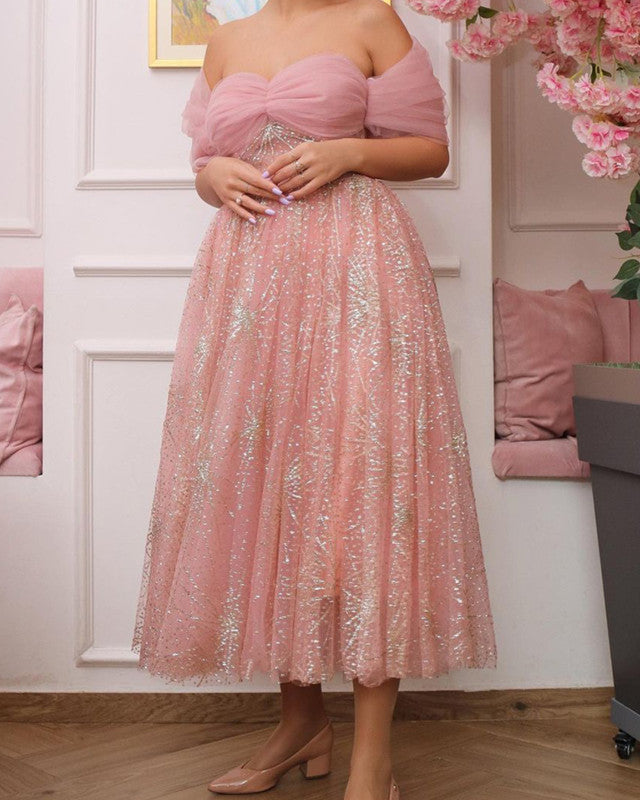 Pink Glitter Tulle Midi Dress