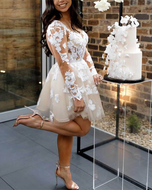 Ivory Tulle Homecoming Dresses Lace Long Sleeve