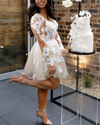 Ivory Tulle Homecoming Dresses Lace Long Sleeve