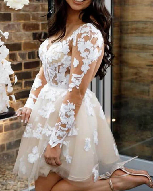 Ivory Tulle Homecoming Dresses Lace Long Sleeve
