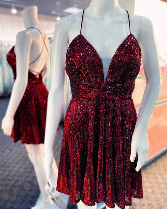 Maroon Sequin V-neck Homecoming Dress