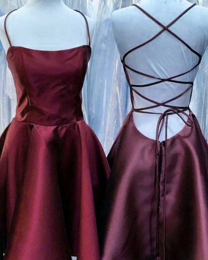 Burgundy Satin Lace-up Skater Dress With Pockets