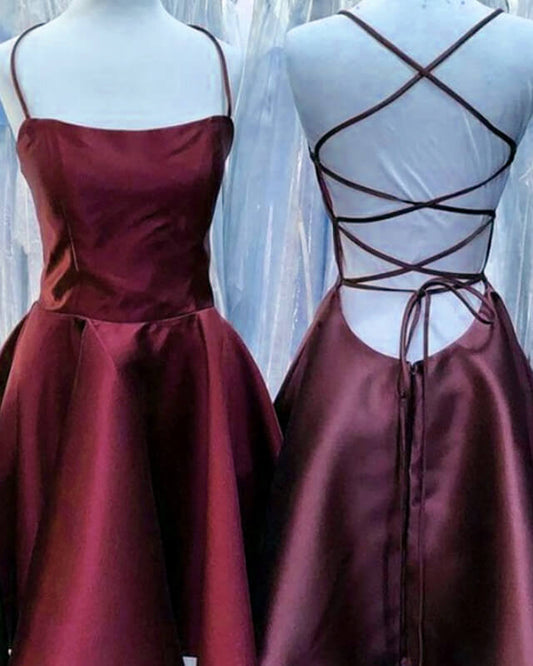 Burgundy Satin Lace-up Skater Dress With Pockets