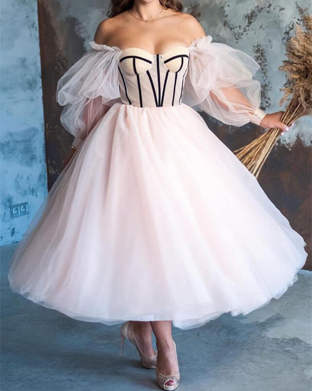 Beige Tulle Puffy Sleeve Ball Gown Corset Dress