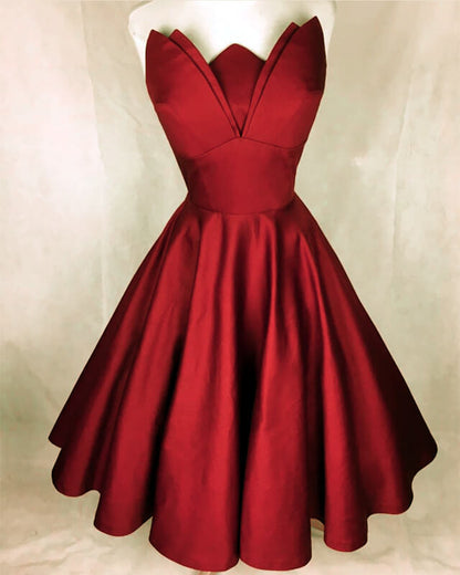 Orange Strapless Knee Length Satin Dress