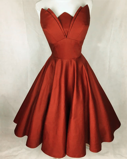 Orange Strapless Knee Length Satin Dress