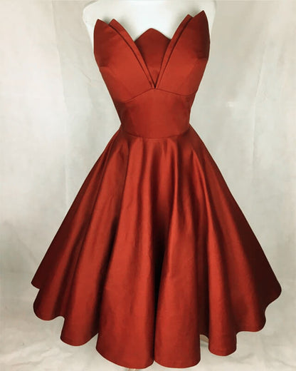 Orange Strapless Knee Length Satin Dress