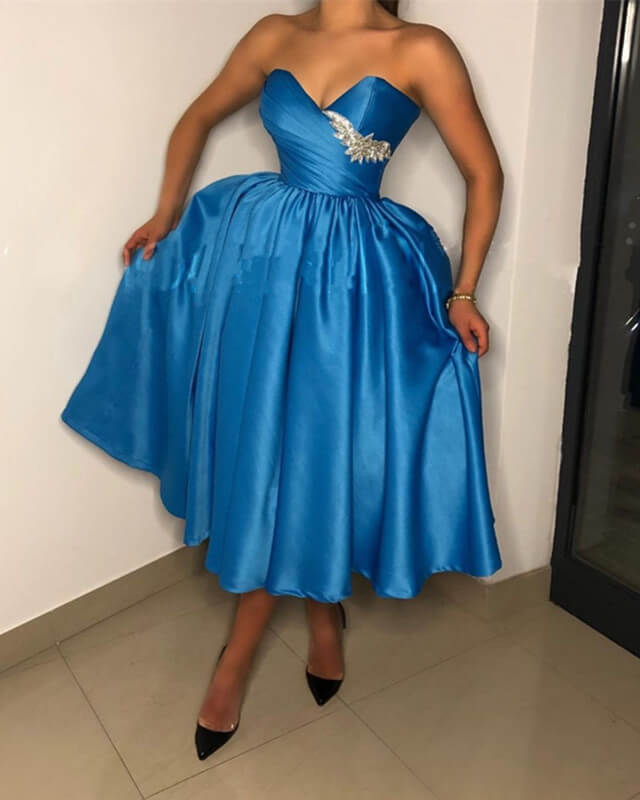 Dark Blue Satin Strapless Tea Length Dress
