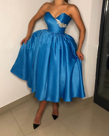 Dark Blue Satin Strapless Tea Length Dress