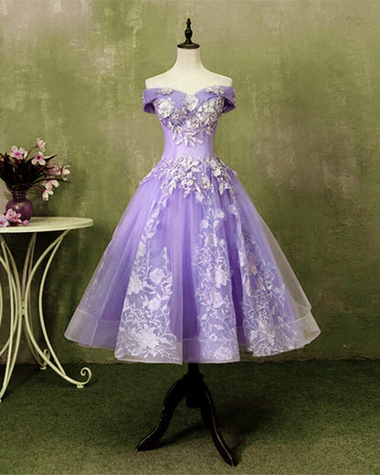 Ball Gown Tea Length Off The Shoulder Embroidery Dress