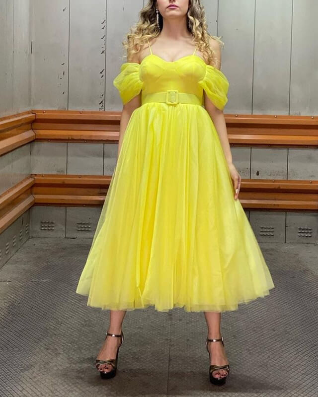 Yellow Tulle Midi Off-the-shoulder Dress