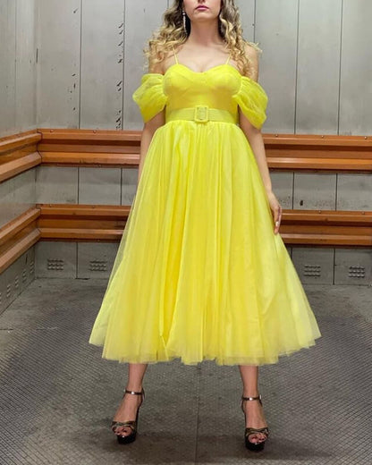 Yellow Tulle Midi Off-the-shoulder Dress