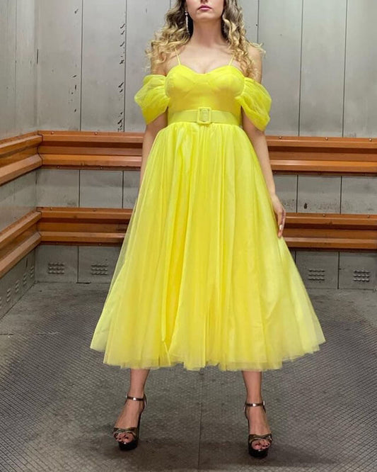 Yellow Tulle Midi Off-the-shoulder Dress
