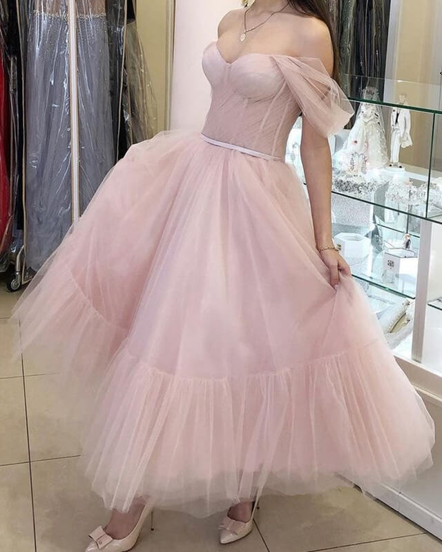 Pink Tulle Off-the-shoulder Midi Dress