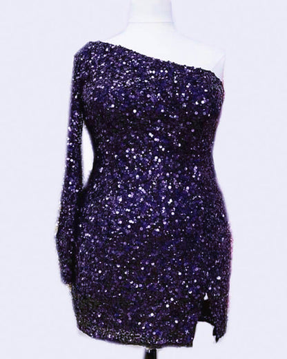 Plus Size Sequin One Sleeve Homecoming Dress