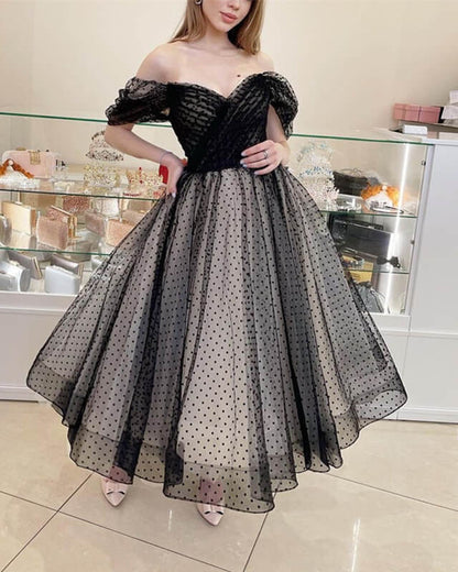 Black And Nude Tulle Tea Length Ball Gown