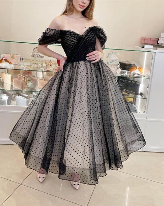 Black And Nude Tulle Tea Length Ball Gown